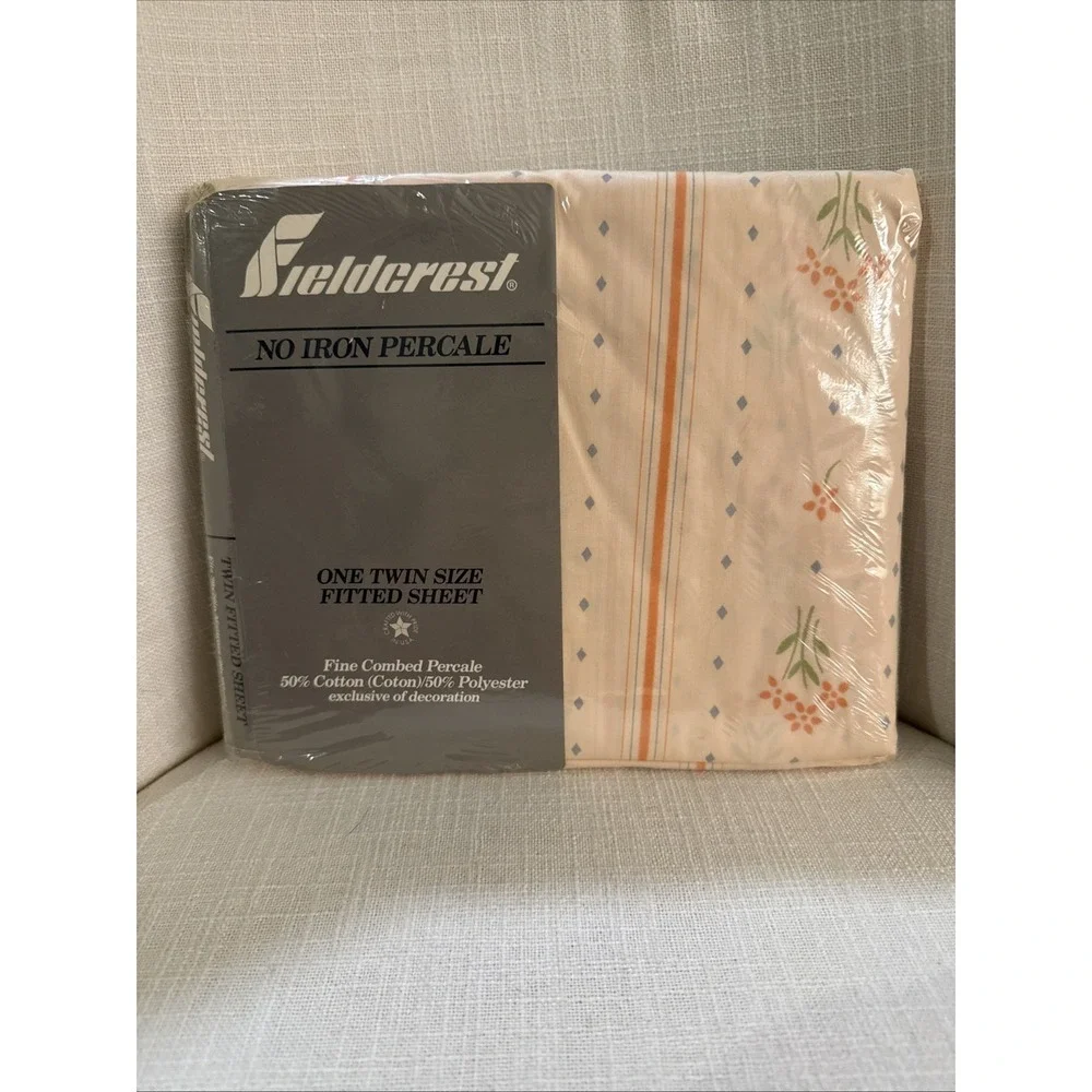 VTG Fieldcrest No-iron Percale TWIN Fitted Sheet Peach Michelle Cottage Core NOS